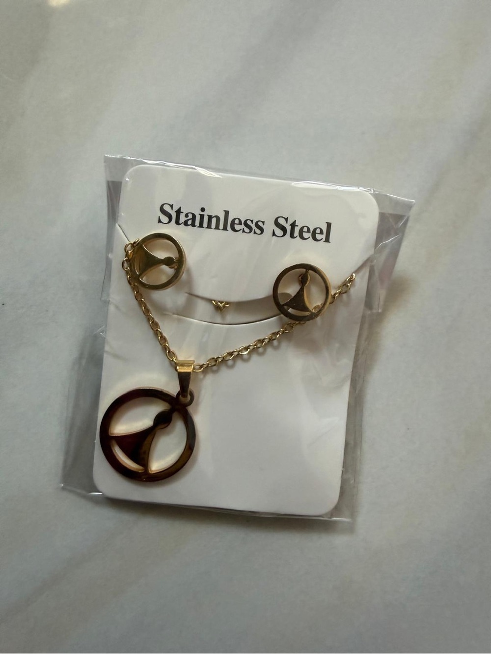Gold-Tone Stainless Steel Peace Pendant Necklace & Earring Set